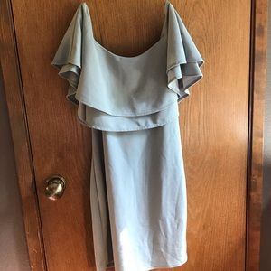 Cute grey/under blue tint off the shoulder dress.